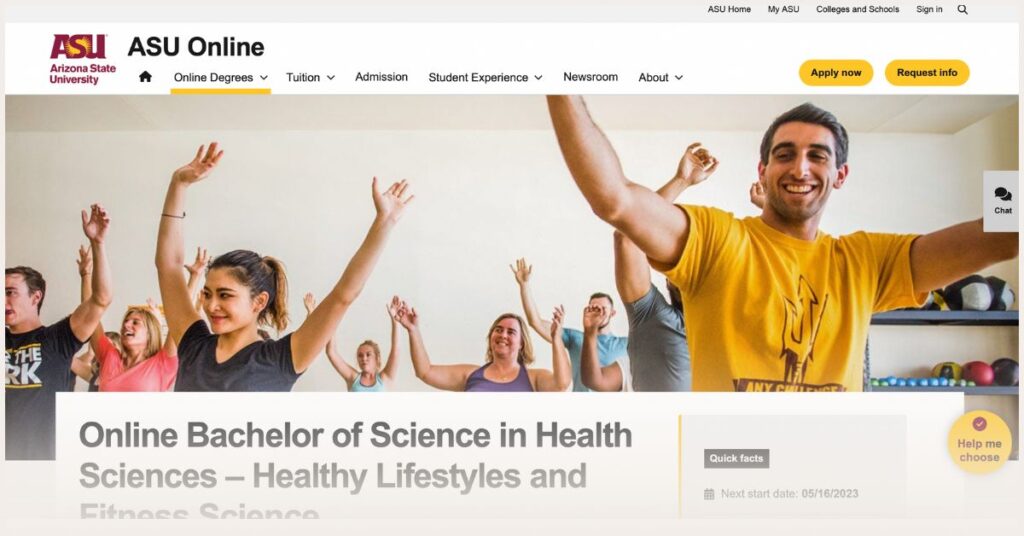 Screenshot of Arizona State University’s Online B.S. in Health Sciences website