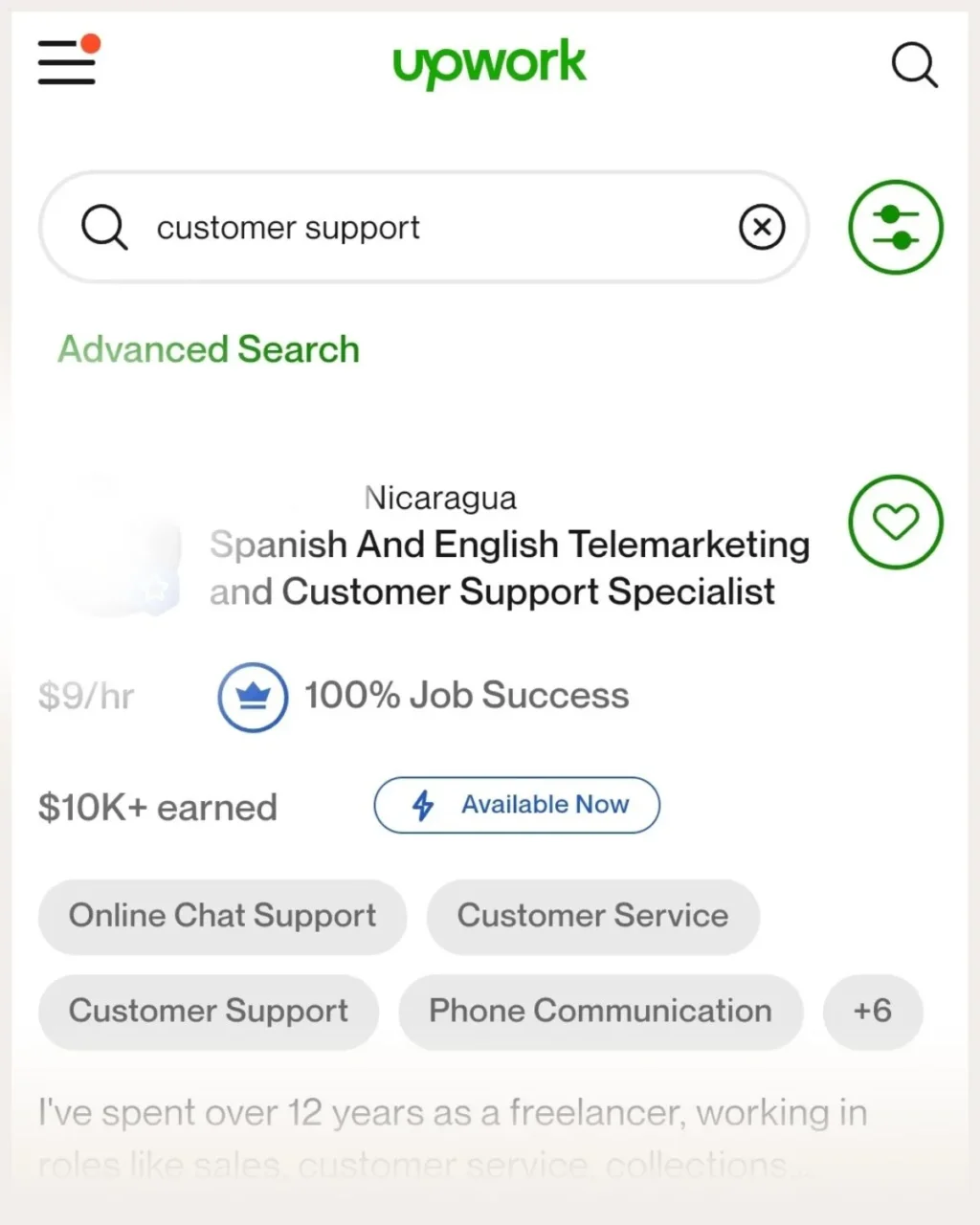 Screenshot of a search on Upwork