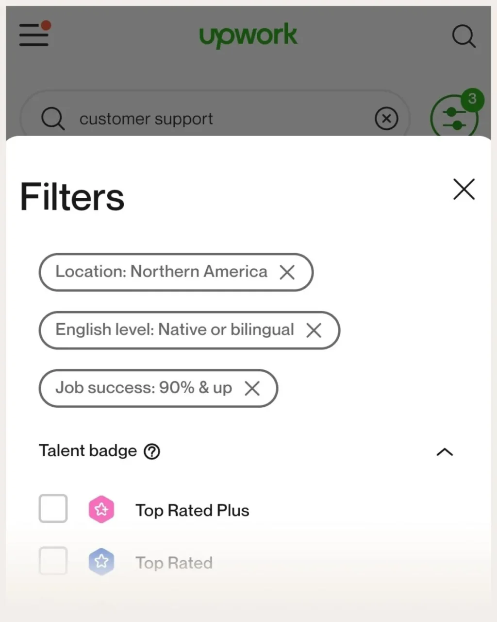 Screenshot of filtering search results on Upwork