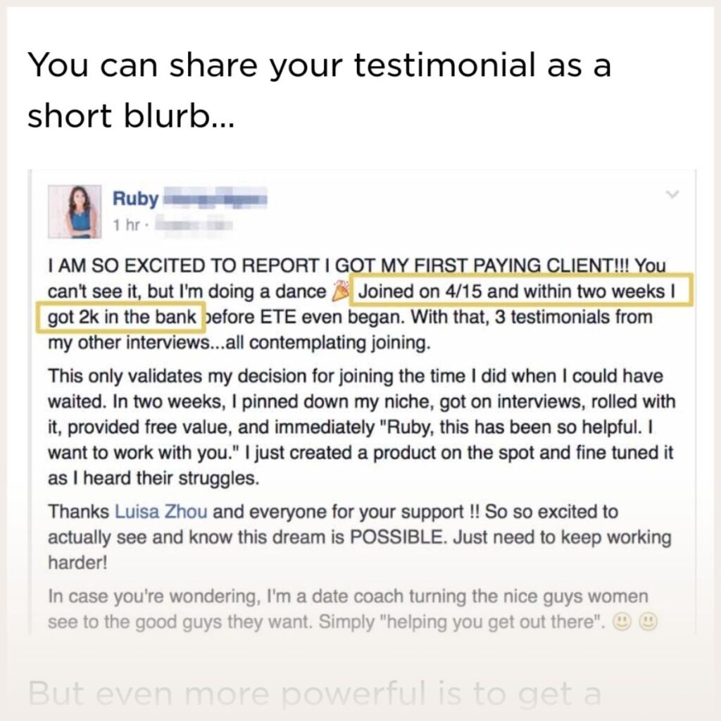 Screenshot of testimonial in blog post