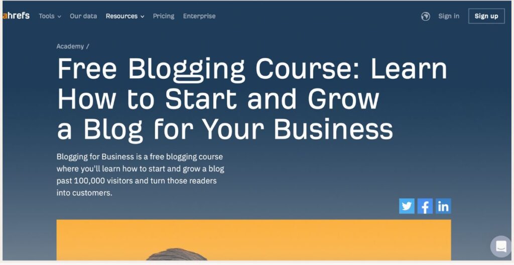 Screenshot of blogging for business course page