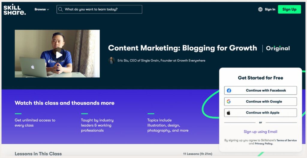 Screenshot of Blogging for growth course page