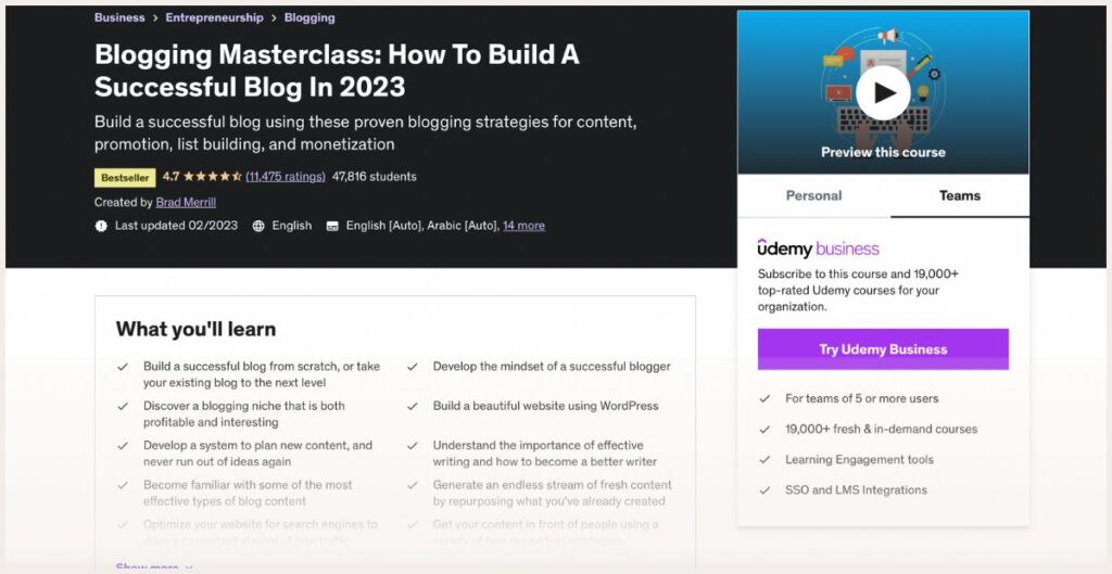 Screenshot of blogging masterclass course page
