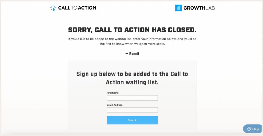 Screenshot of call to action course page
