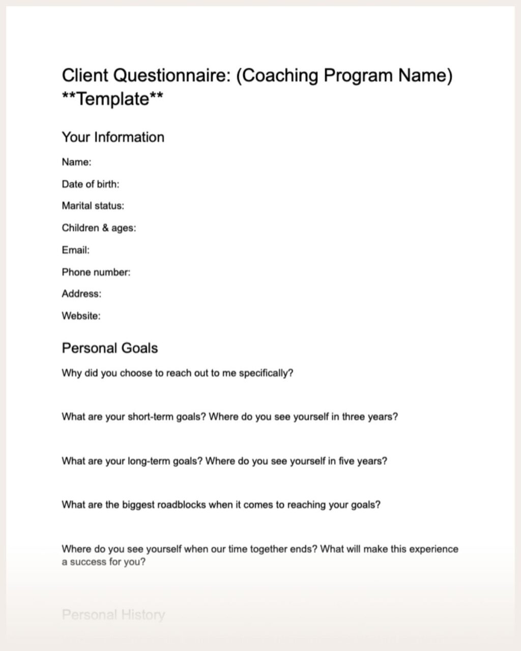 Screenshot of coaching intake form