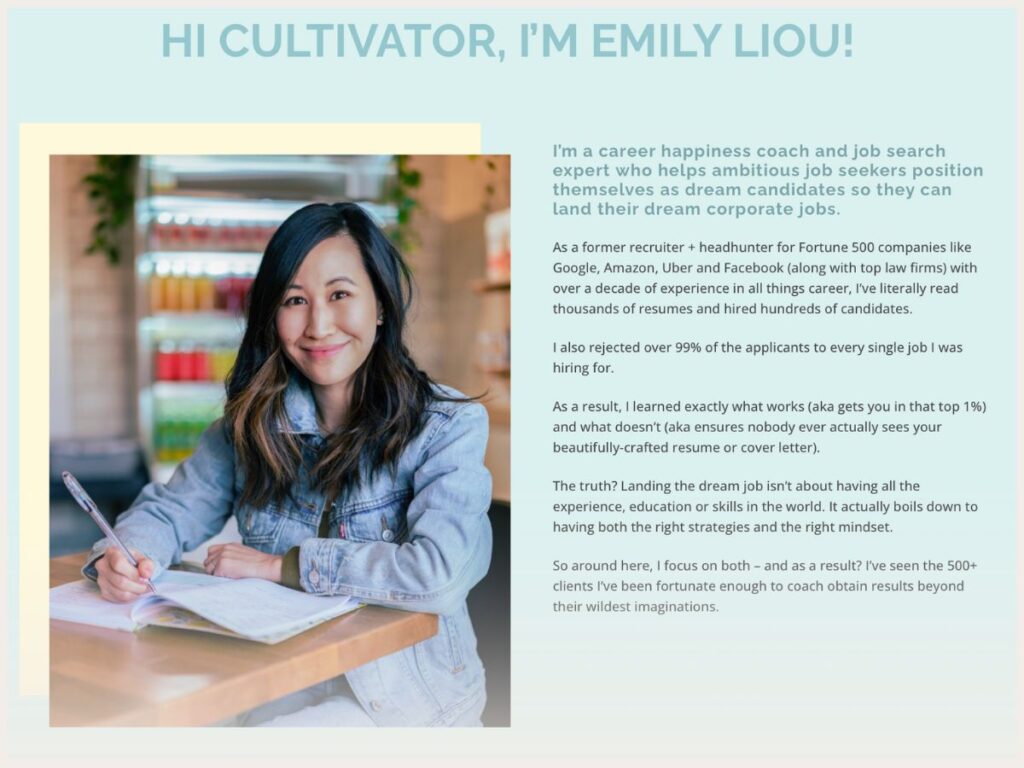 Screenshot of Emily Liou's coaching bio