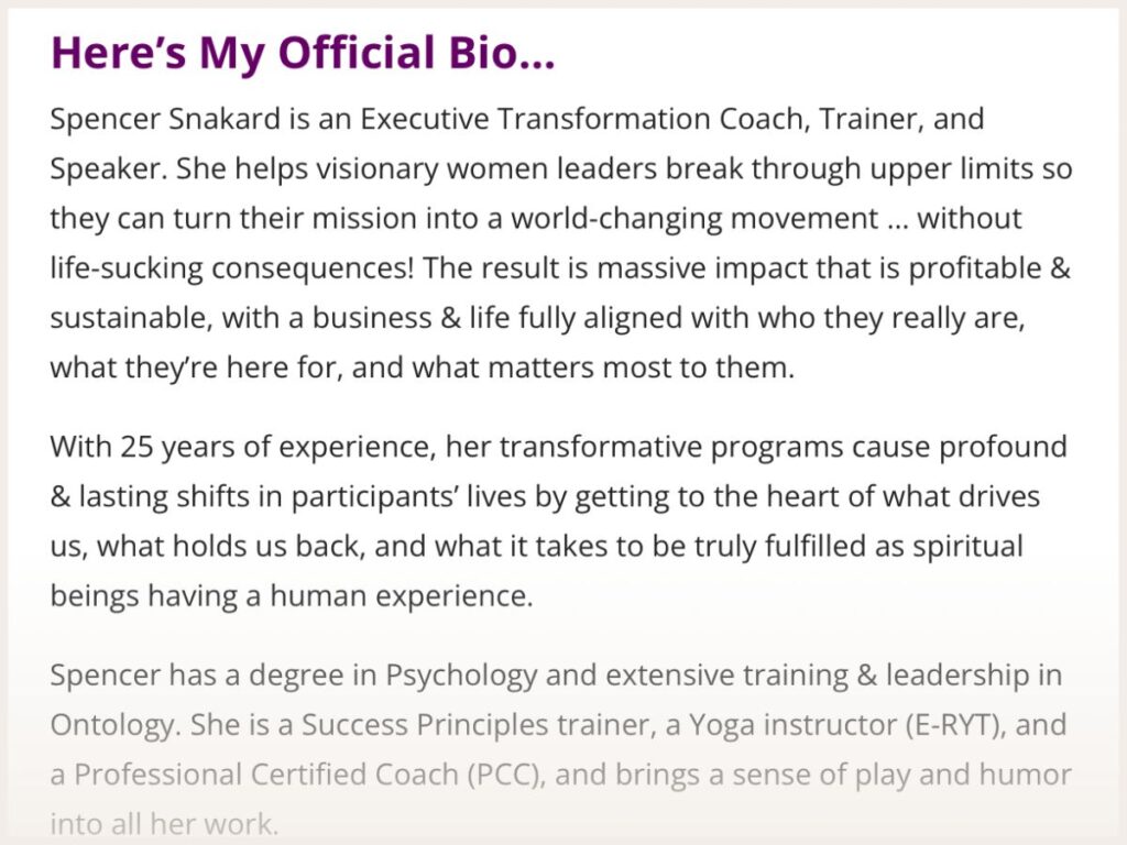 Screenshot of Spencer Snakard's coaching bio