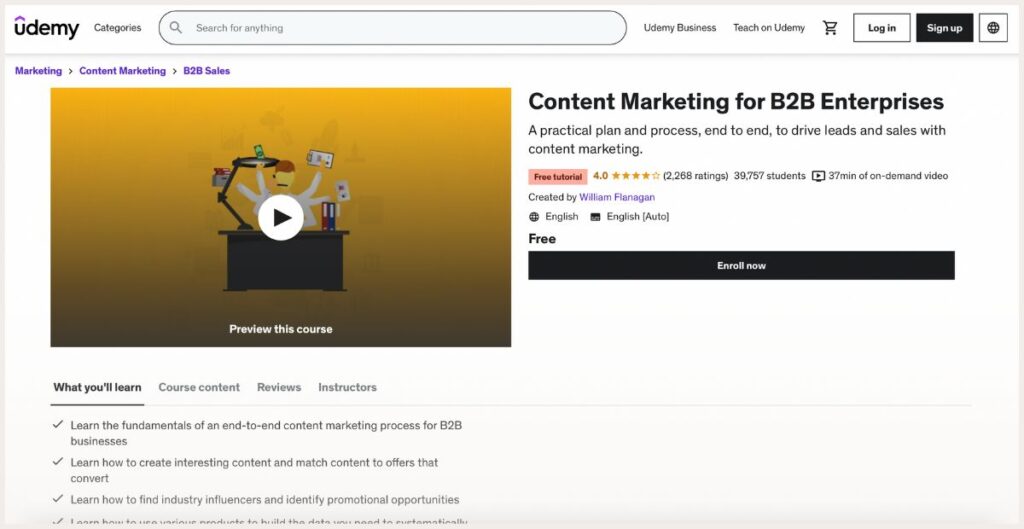 Screenshot of Content marketing for b2b enterprises course page