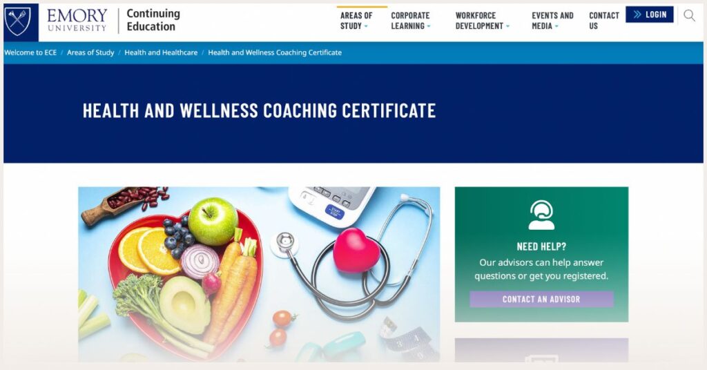 Screenshot of Emory University Health and Wellness Coaching Certificate website