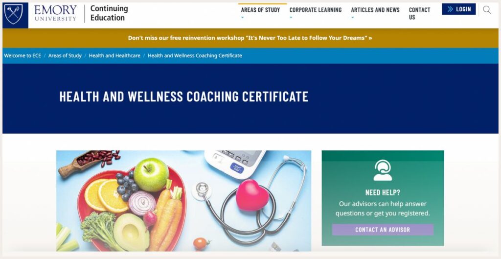 Emory University Health coaching certificate website page