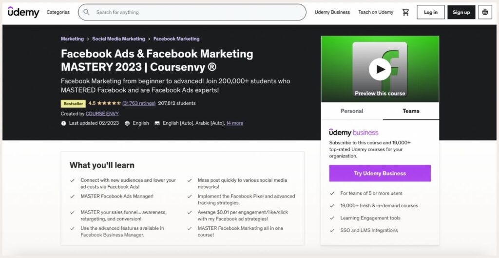 Screenshot of Facebook ads mastery course page