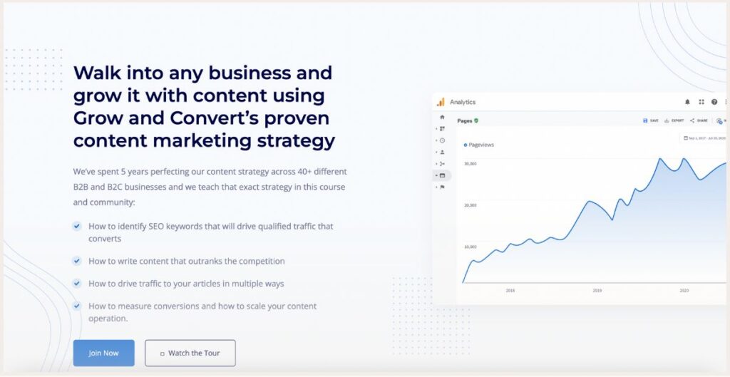 Screenshot of Grow and convert course page