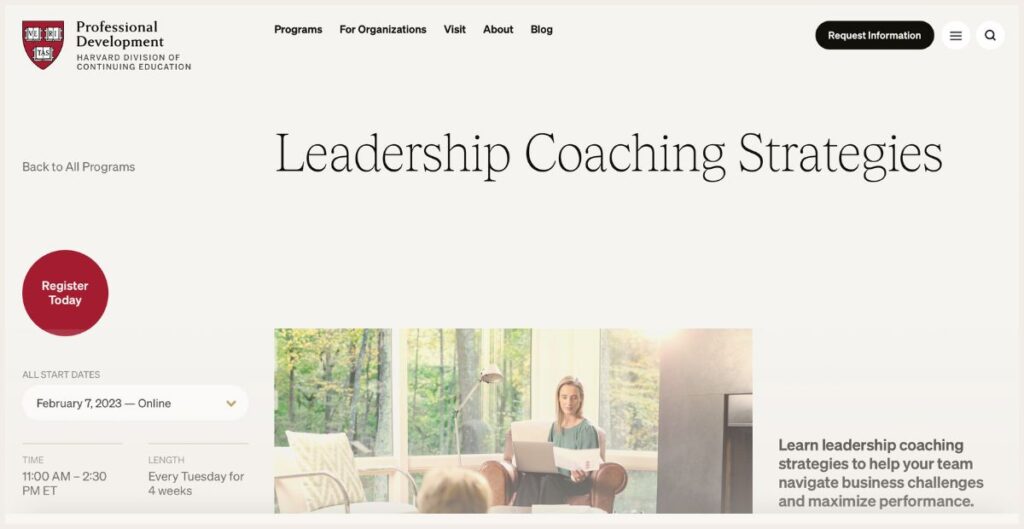 Harvard University Leadership Coaching website page