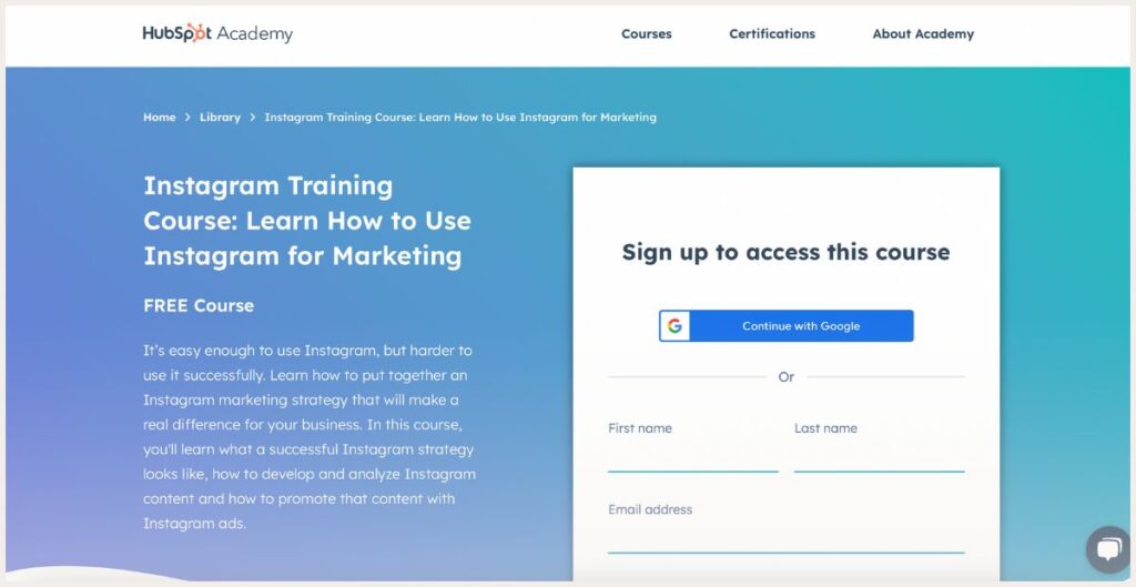 Screenshot of Instagram training course page