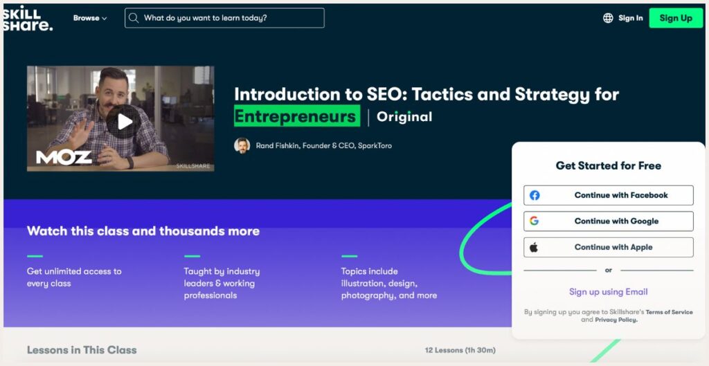 Screenshot of Introduction to SEO course page