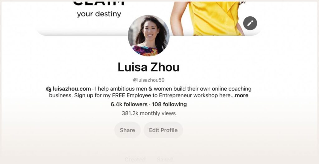 Screenshot of Luisa Zhou's Pinterest profile 