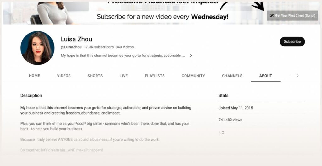 Screenshot of Luisa Zhou's YouTube profile 