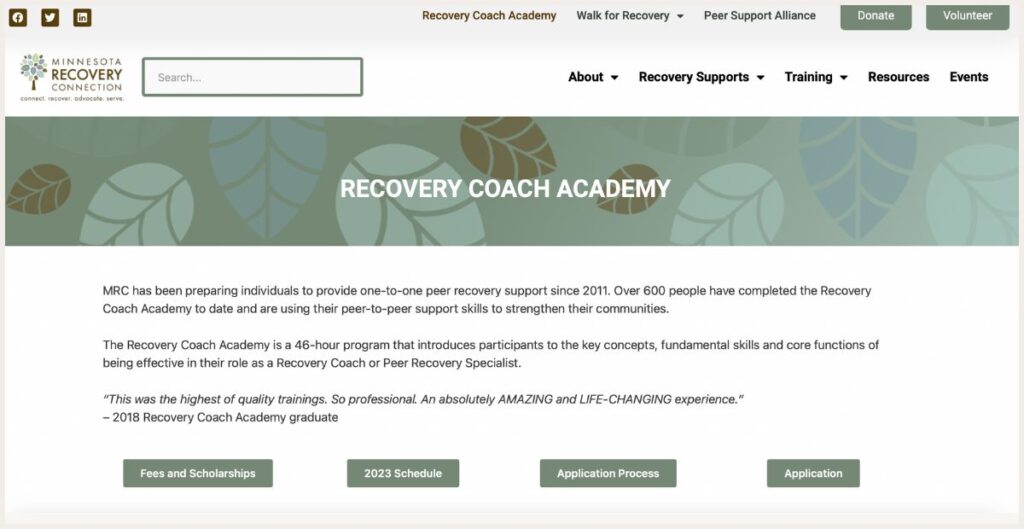 Screenshot of Minnesota Recovery Connection recovery coaching program