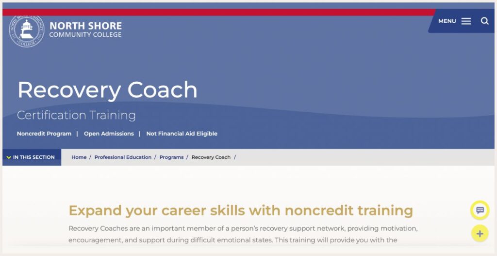 Screenshot of North Shore recovery coaching program