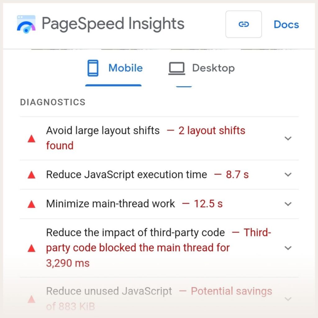 Screenshot of Google page speed insights