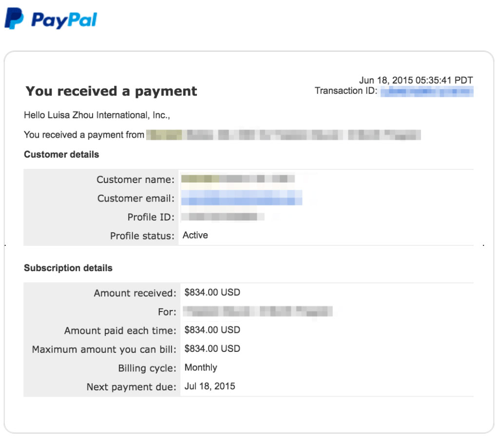 Screenshot of client payment
