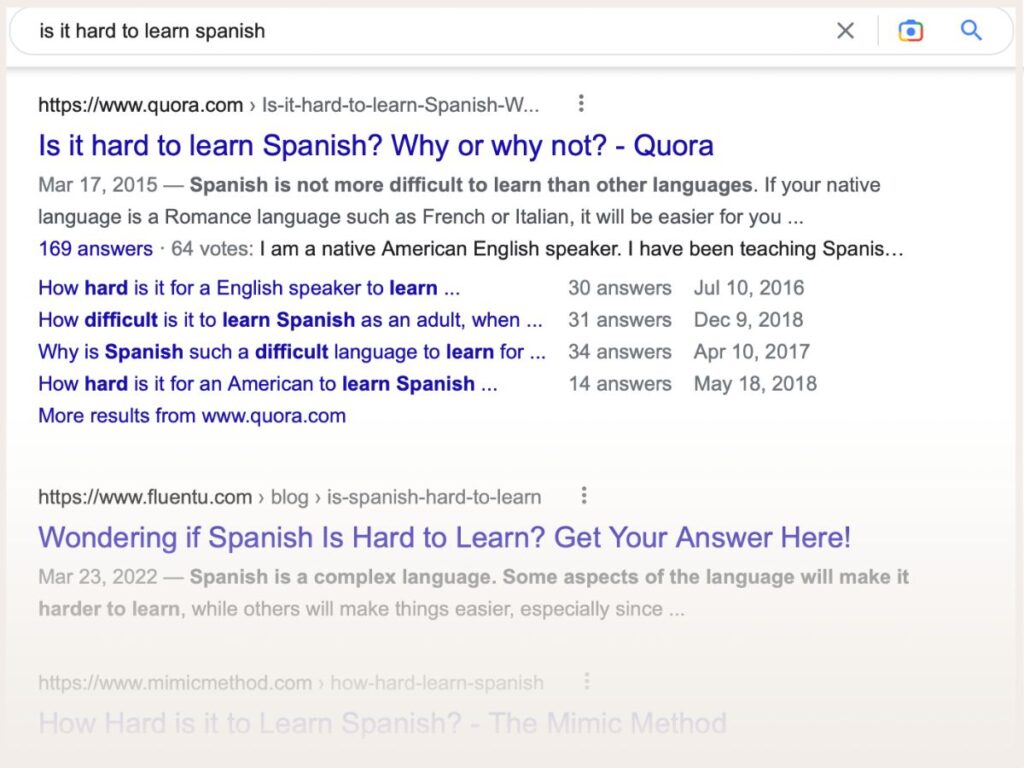 Screenshot of Quora search result