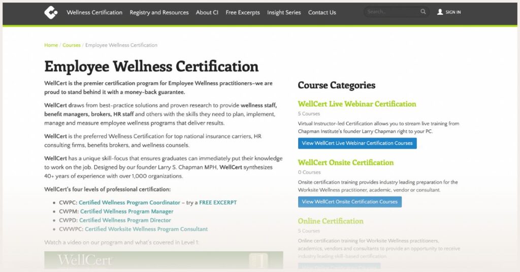 Screenshot of The Chapman Institute Employee Wellness Certification website