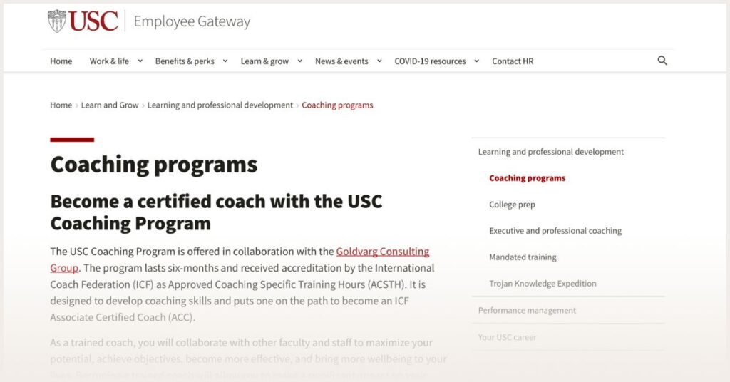 Screenshot of USC Coaching program