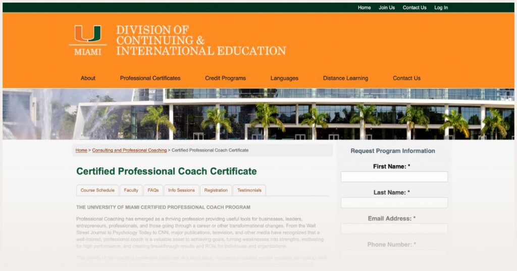 Screenshot of University of Miami Coaching program