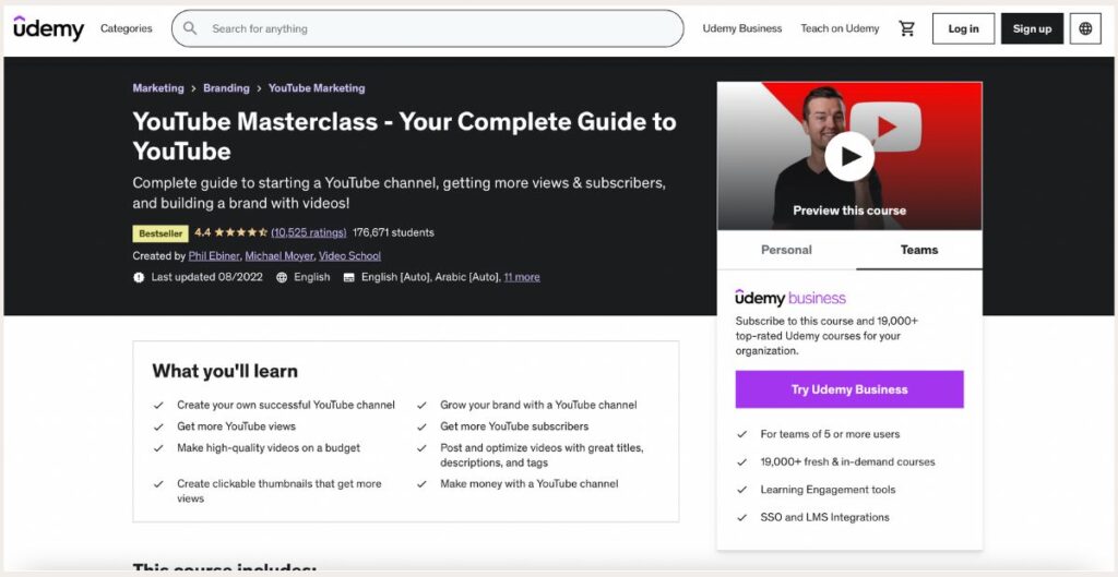 Screenshot of YouTube masterclass course page
