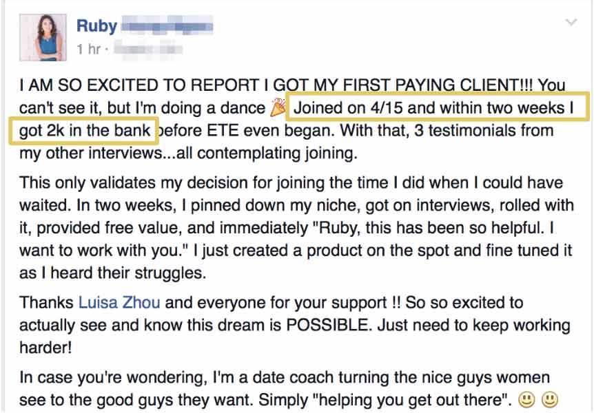 Screenshot of customer testimonial