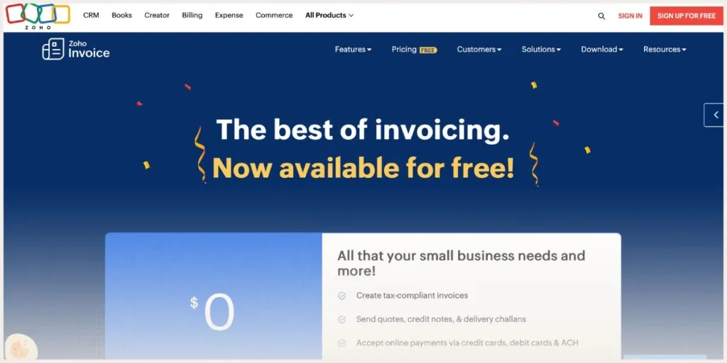 Screenshot of Zoho invoice website 