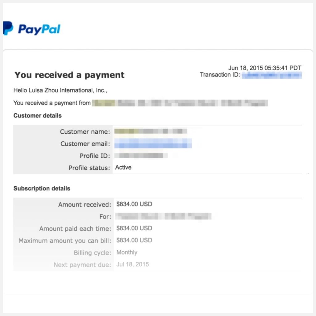 Screenshot of Paypal transaction